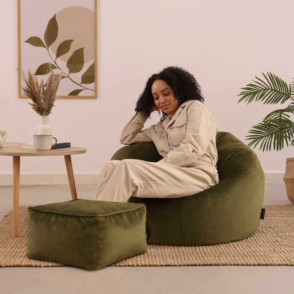 image 1 of Kingston Classic Velvet Bean Bag Chair & Pouffe Olive Green Bean Bag Chair | Green | Olive Green | 2
