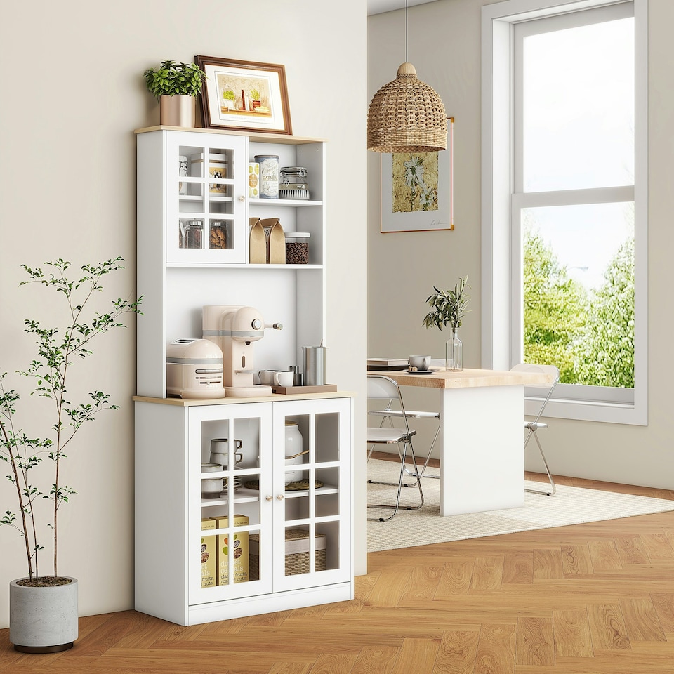 image 1 of HOMCOM 72" Kitchen Solid Storage Sideboard Cabinet with Glass Door, White