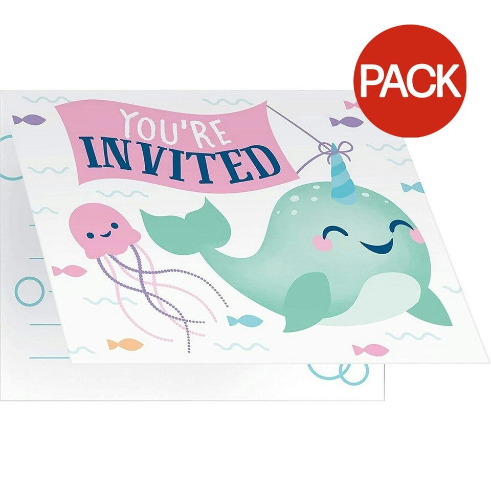 Creative Party Narwhal Invitations (Pack of 8) - White/Green/Pink - One Size