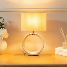 ValueLights Tia Pair of Natural Hoop Ceramic Bedside Table Lamps with a Fabric Lampshade