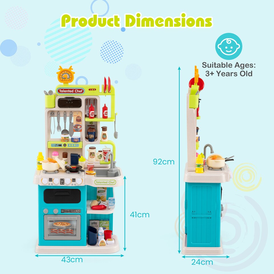 image 1 of COSTWAY Kids Kitchen Playset Pretend Play Kitchen with 95 PCS Accessories-Blue