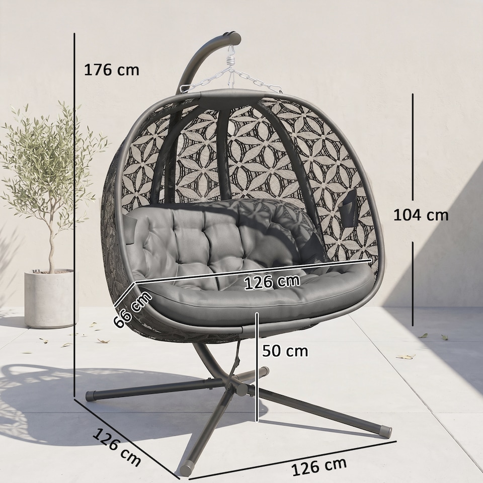 image 1 of Outsunny Double Hanging Swing Chair w/ Stand & Cup Holders, Charcoal Grey | Grey
