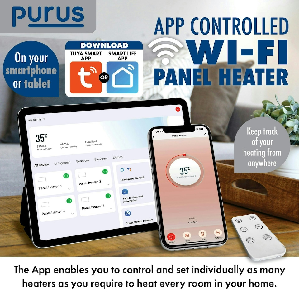 image 1 of Purus 2000W Smart Wifi Eco Heater Electric Panel Radiator Wall Mounted White