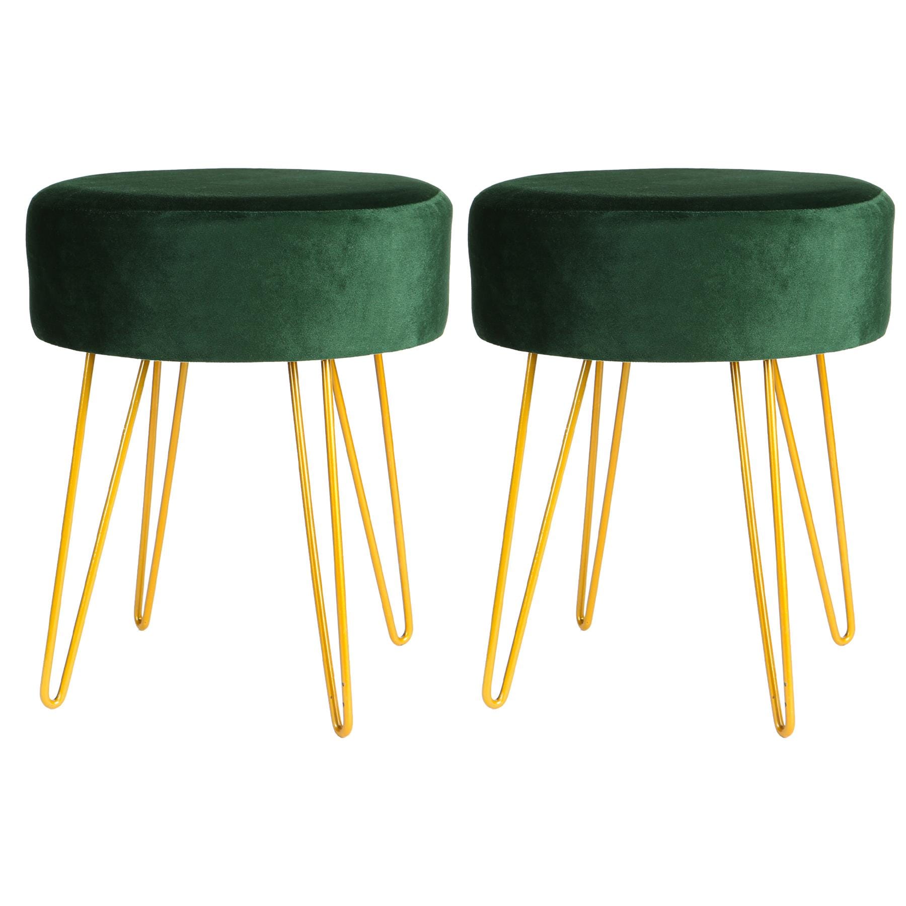 Harbour Housewares 2x Velvet Footstools - Round Modern Dressing Table Footstool Vanity Seat Chairs - 40 x 35cm - Green/Gold Green Green/Gold Pack of 2