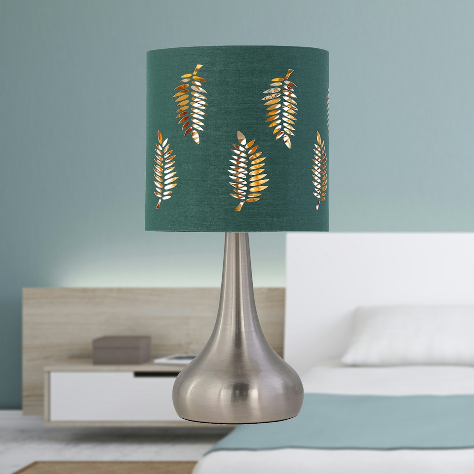 image 1 of Set of 2 Romana - Brushed Chrome Touch Operated Table Lamps Bedside Lights Dark Green Fern Shade Silver | Green