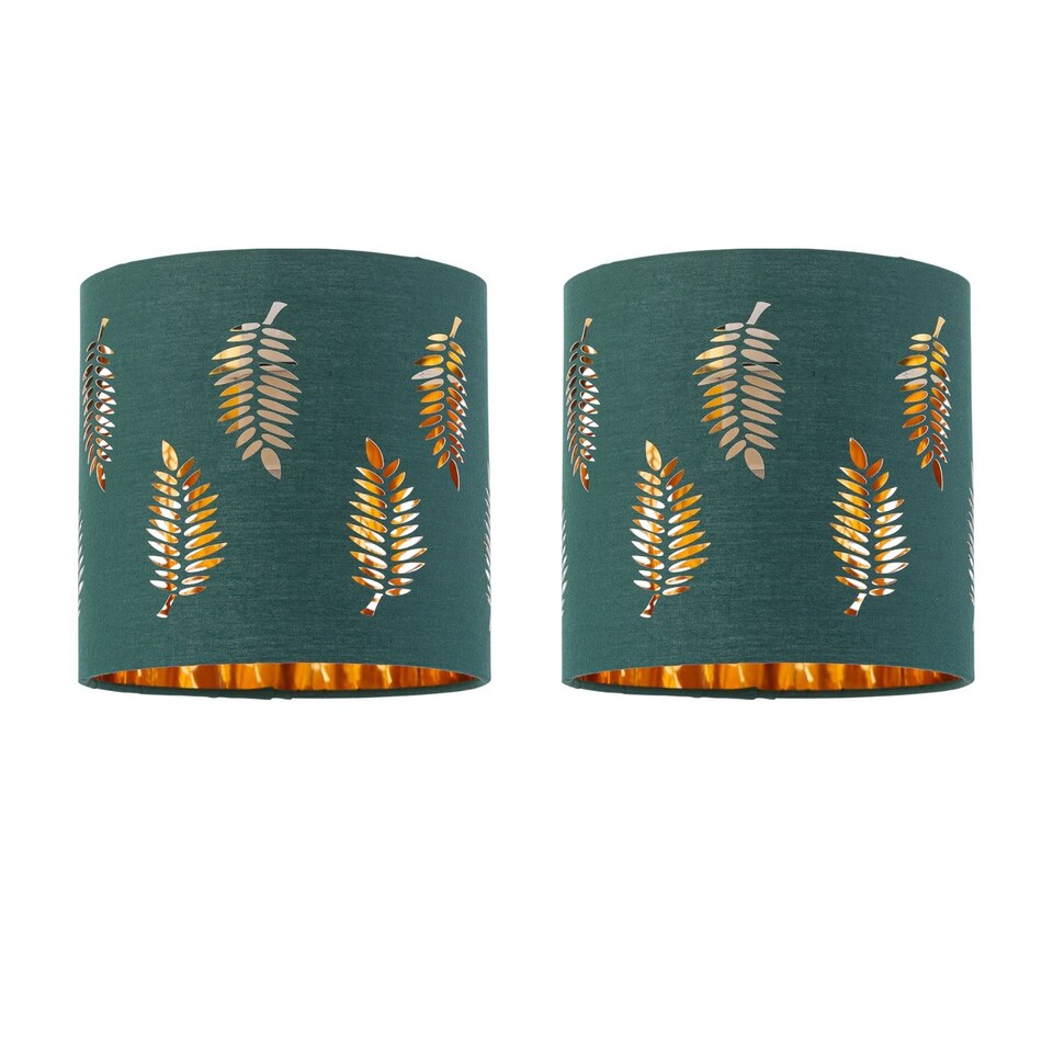 image 1 of Set of 2 Fern - Dark Green Cut Out 15.5cm Table Lamp Shades | Green | Gold | Small | 2