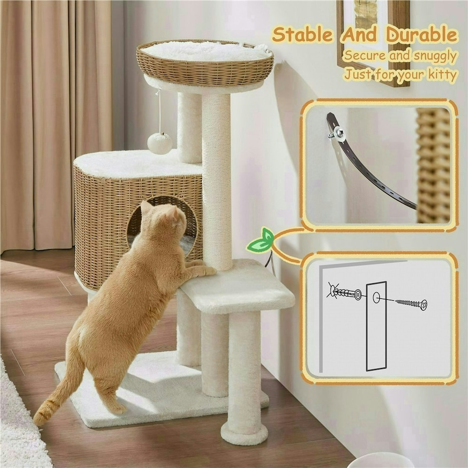 image 1 of Yaheetech 91 cm Tall Rattan Cat Tree with Natural Sisal Beige