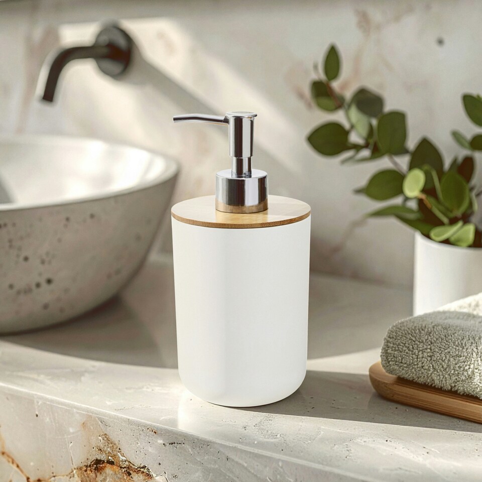 image 1 of Interiors by Premier 500ml White Hand Lotion Pump Dispenser, Sleek Bamboo Fibre Soap & Lotion Dispenser For Bathroom or Kitchen