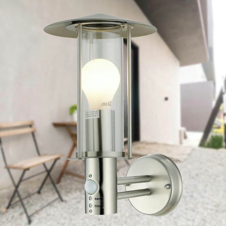 image 1 of First Choice Lighting Set of 2 Treviso Brushed Stainless Steel Motion Sensor Outdoor Security Lights Silver | Clear
