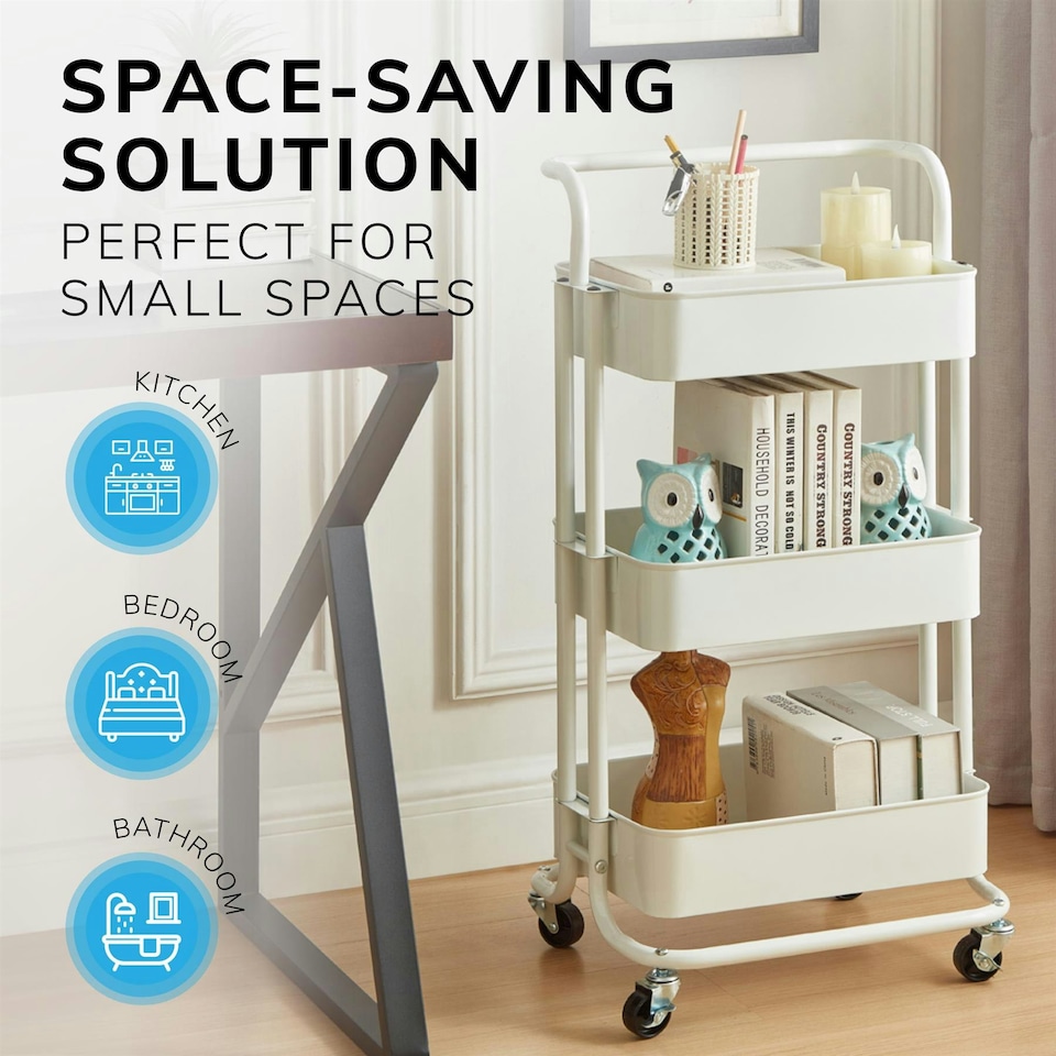 image 1 of 3 Tier Storage Cart On Wheels Home Kitchen Office Bath-Bedroom Organiser White White