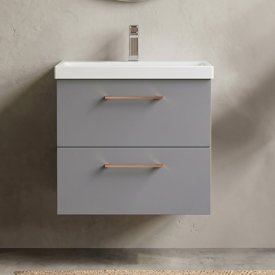 image 1 of Balterley Wall Hung Bathroom 2 Drawer Vanity Unit and 1 Tap Hole Ceramic Basin, with Handles | Grey | Satin Grey