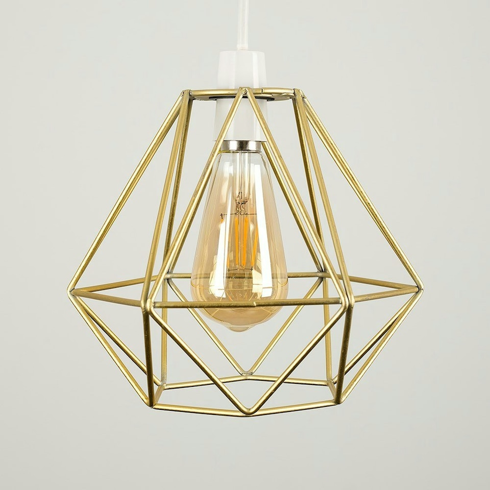 image 1 of ValueLights Pair Of Modern Geometric Gold Metal Basket Cage Ceiling Pendant Light Shades
