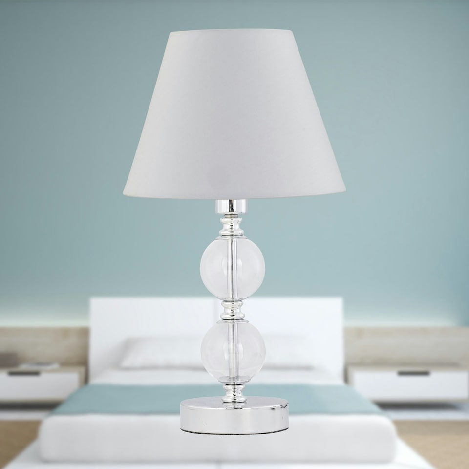 image 1 of Chrome Two Ball Table Lamp with Ivory Off White Shade Chrome | Red