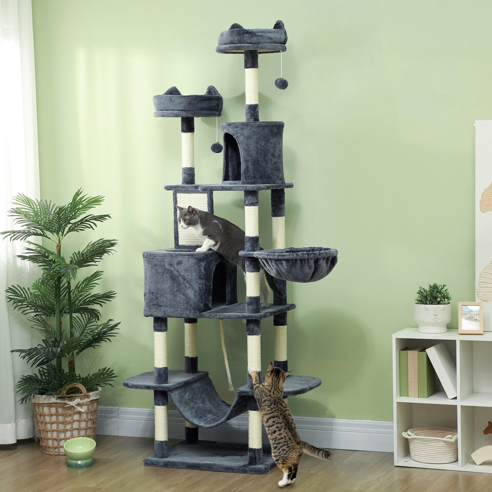 image 1 of PawHut 206cm Cat Tree with Scratching Posts Beds Condos Hammocks, Dark Grey