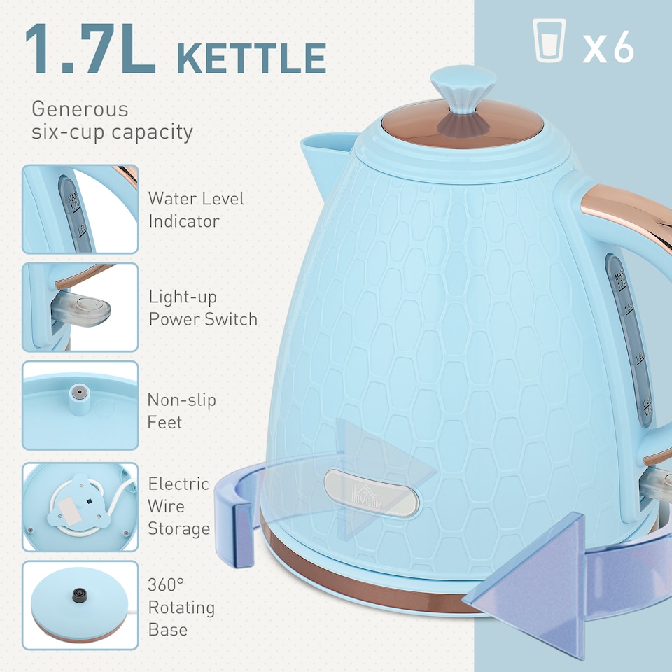 image 1 of HOMCOM Toaster and Kettle Set with Defrost Reheat and Crumb Tray, 1.7 L | Blue