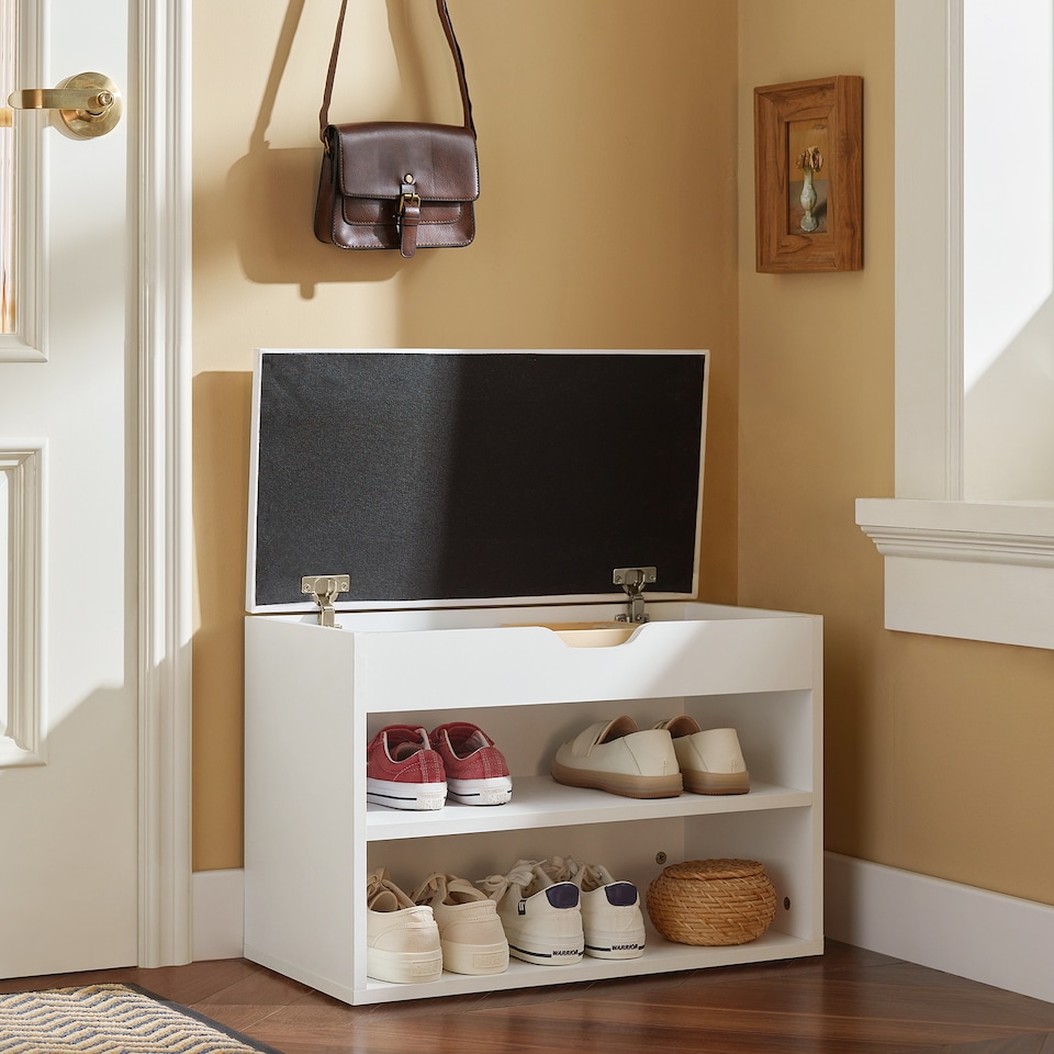 image 1 of SoBuy 2-Tier Shoe Storage Bench with Folding Padded Seat, White, 23.6x11.8x17.3 in, 13 kg - FSR25-W