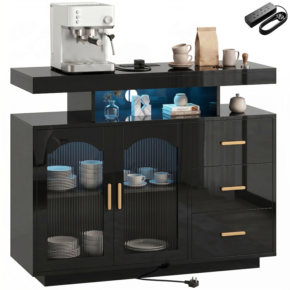 image 1 of HOMCOM High Gloss Sideboard with LED Lights, Power Outlets, Drawers