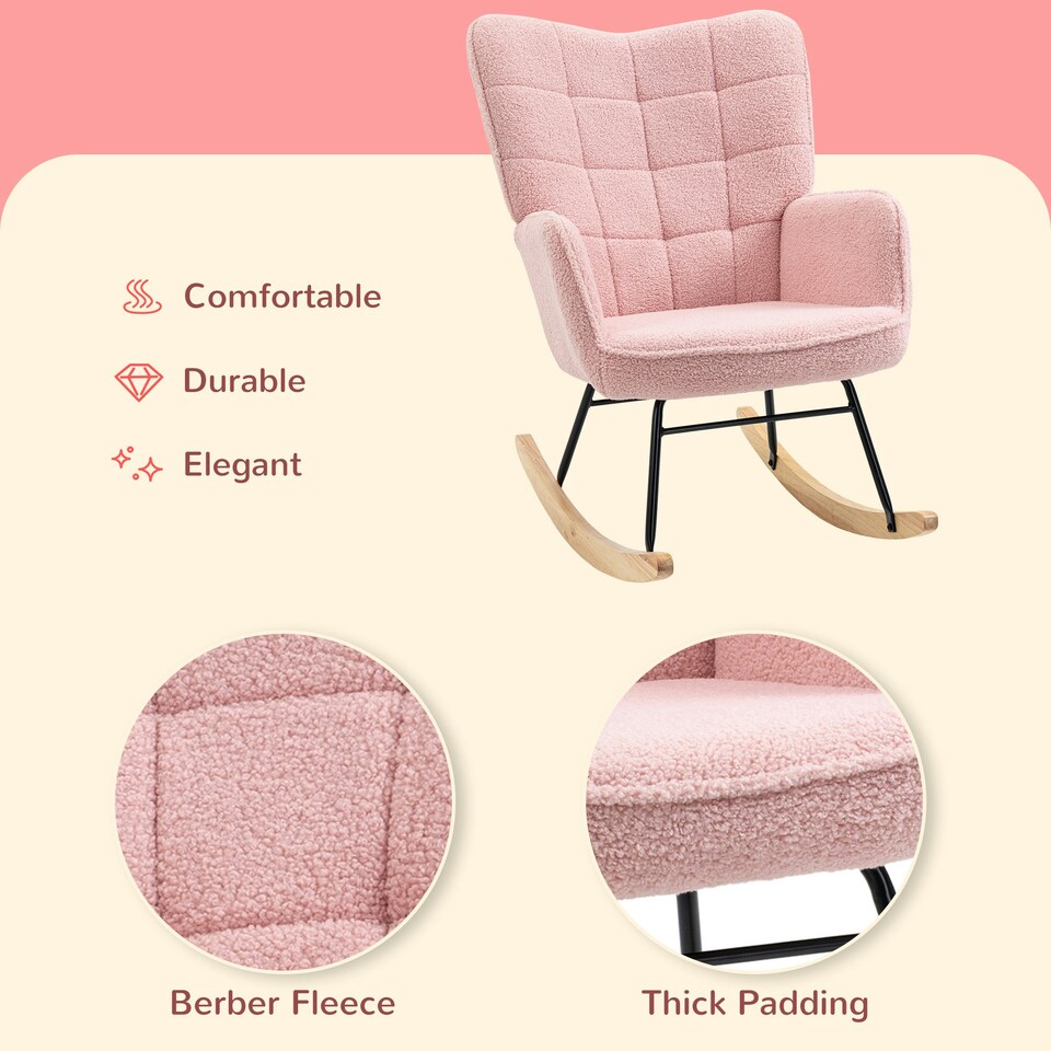 image 1 of HOMCOM Wingback Rocking Chair for Nursing w/ Steel Frame Pink