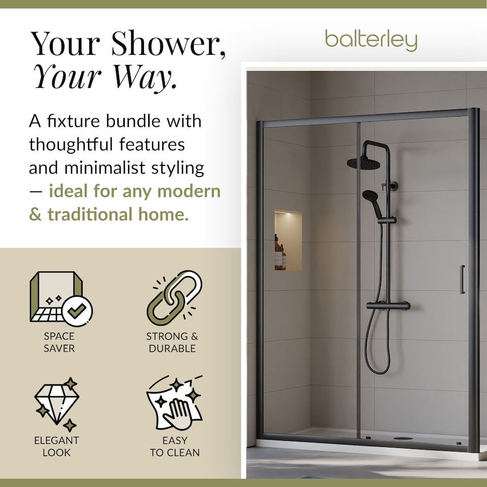 image 1 of Balterley Sliding Shower Suite with 6mm Safety Glass Door, Side Panel & 1400 x 700mm Shower Tray in Matt Black Frame | Black | Matt Black | 3