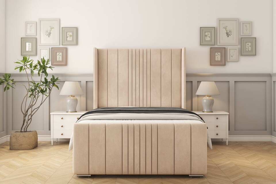 image 1 of Sloomy Hargrave Sand Naples Bed Frame With Mattress With 50"  Upholstered Wingback Headboard 3' Single