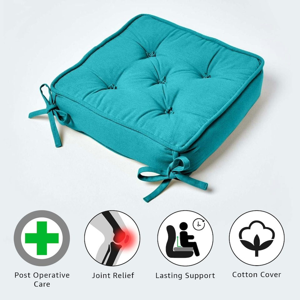 image 1 of Homescapes Teal Cotton Dining Chair Booster Cushion Green