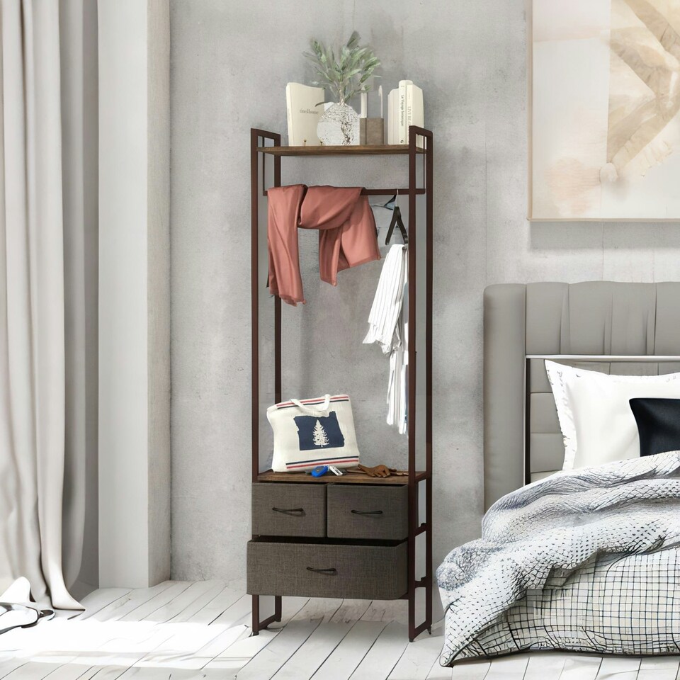 image 1 of Industrial Hall Tree Coat Rack With 3 Fabric Drawers Brown One Size