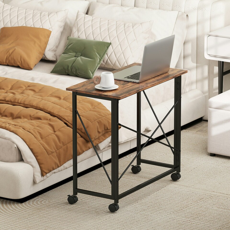 image 1 of HOMCOM Folding Desk on Wheels, Writing Table for Home Office, Brown Brown | White