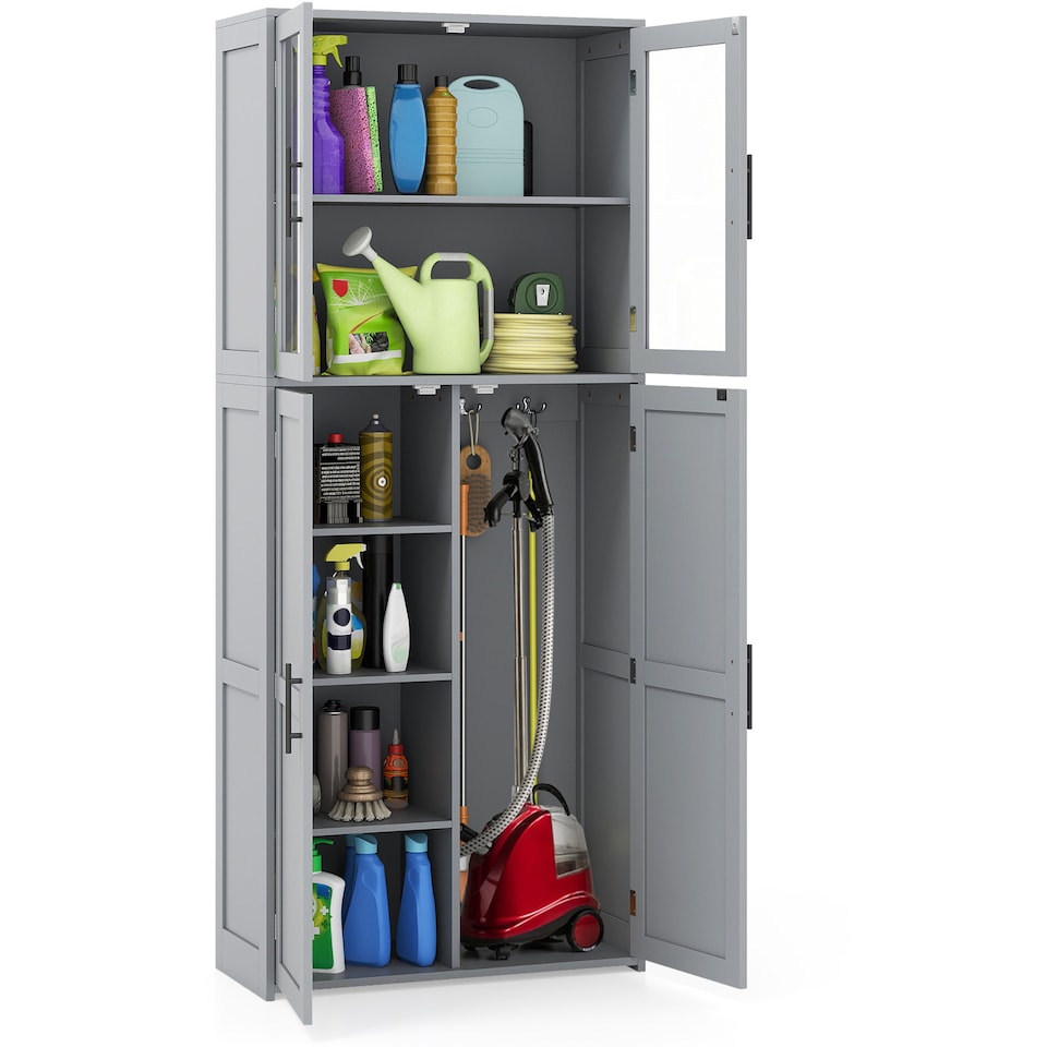 image 1 of COSTWAY Broom Closet Storage Cabinet Wooden Utility Grey