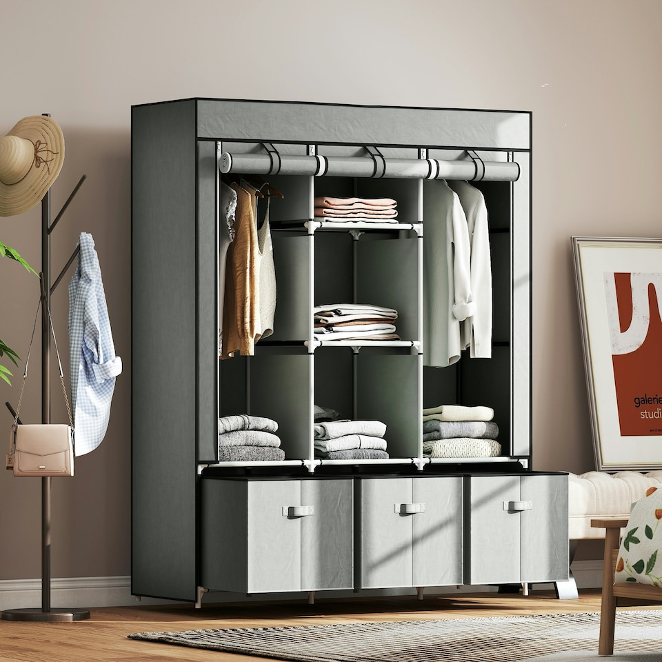 image 1 of HOMCOM Portable Wardrobe w/ 5 Shelves 3 Fabric Drawers and 2 Hanging Rails | Grey | 125W x 43D x 162.5H cm