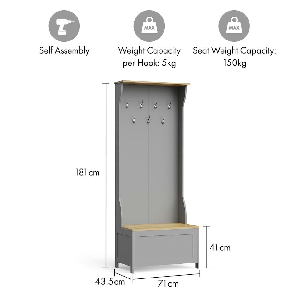 image 1 of VonHaus Grey Coat Rack Stand and Shoe Storage Bench for Hallway