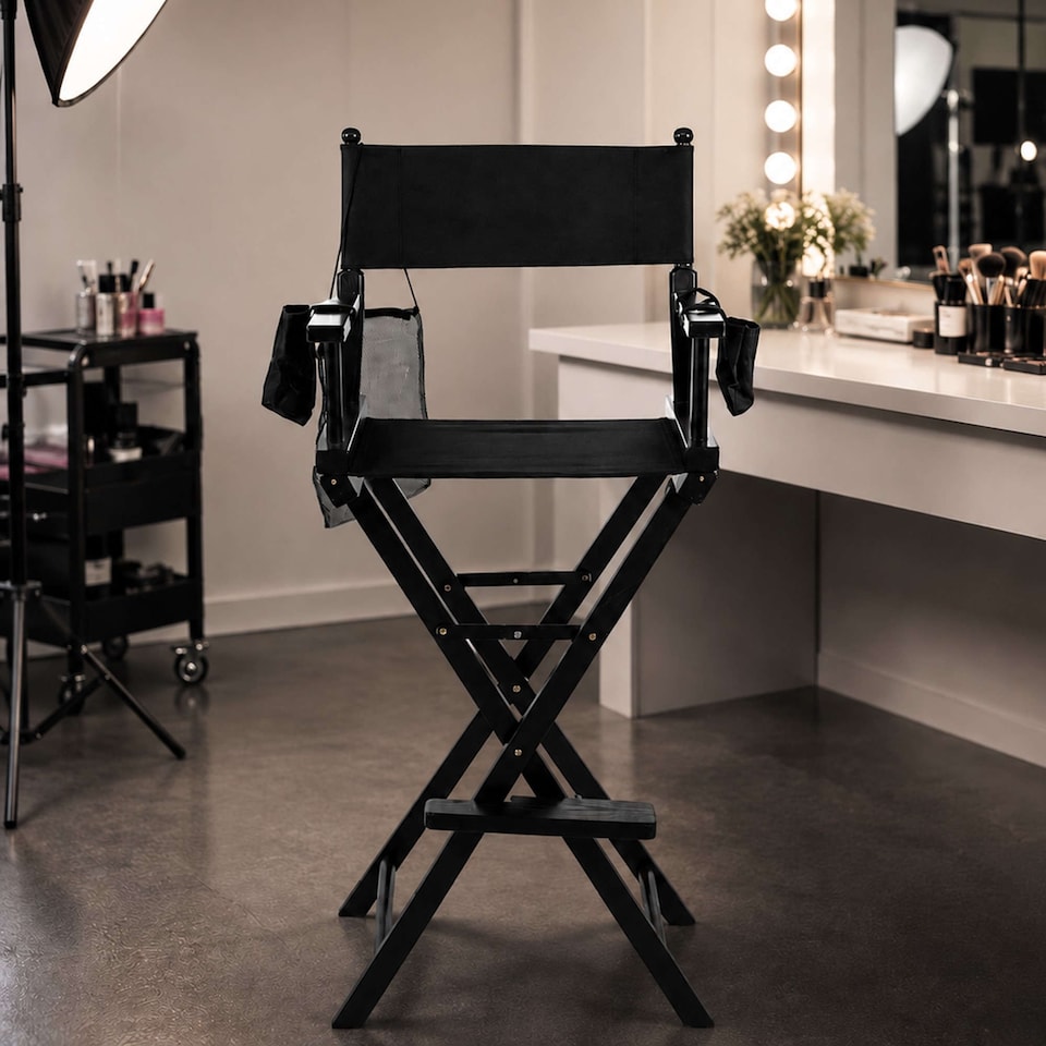 image 1 of Professional Black Wooden Folding Director Makeup Chair with 2 Storage Pouches | Black