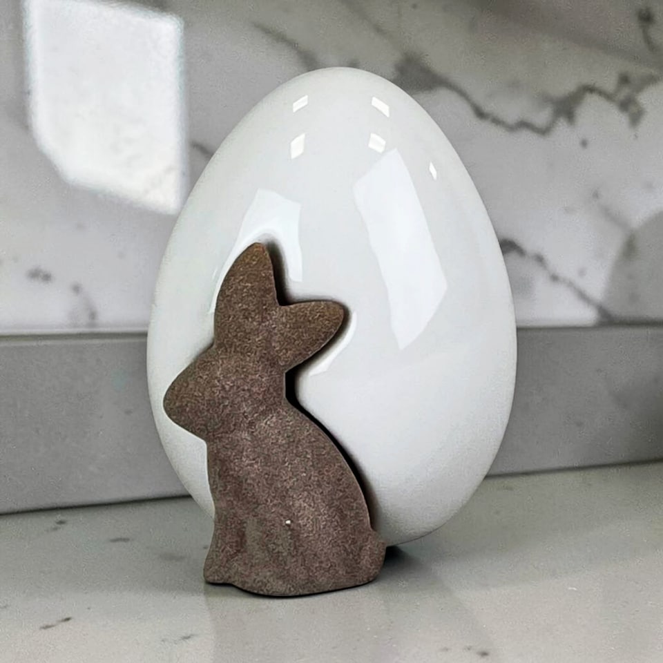 image 1 of White Ceramic Easter Egg with Rabbit 12.5cm