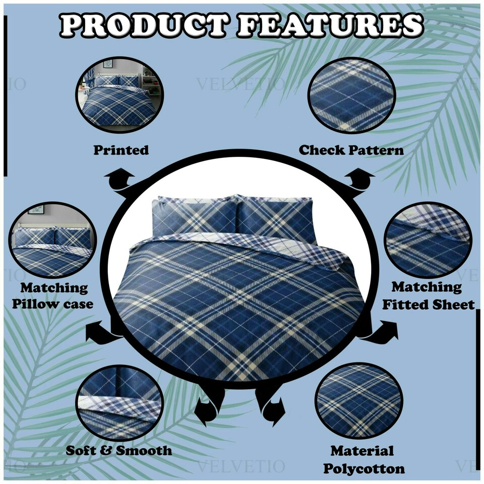 image 1 of VELVETIO Diagonal Check Complete Duvet Cover Set with Fitted Sheet Breathable Bedding Quilt Blue | King