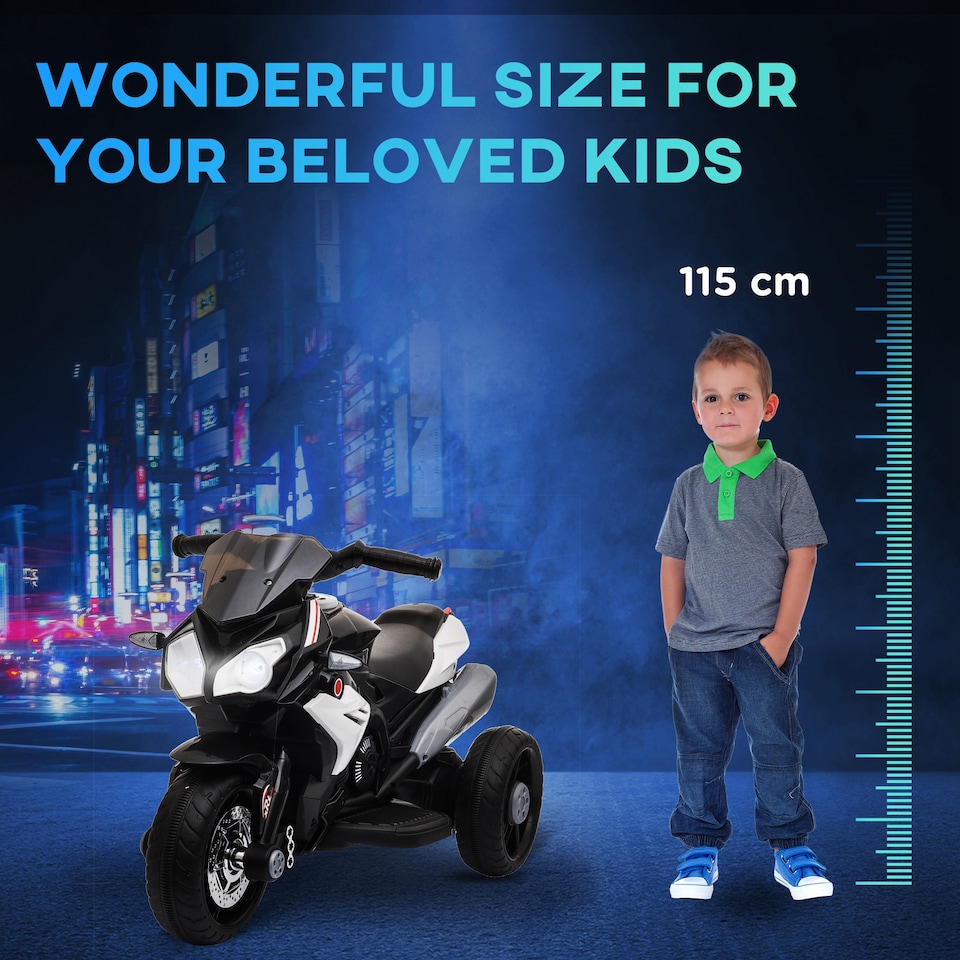 image 1 of HOMCOM Kids Electric Motorcycle with 3 Wheels, Headlight, Music, Horn, Black