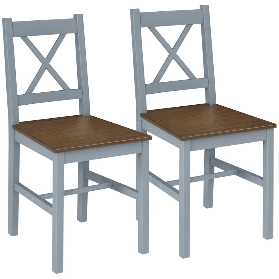 image 1 of HOMCOM Dining Chairs Set of 2, Pine Wood Frame, Cross Back for Kitchen Grey