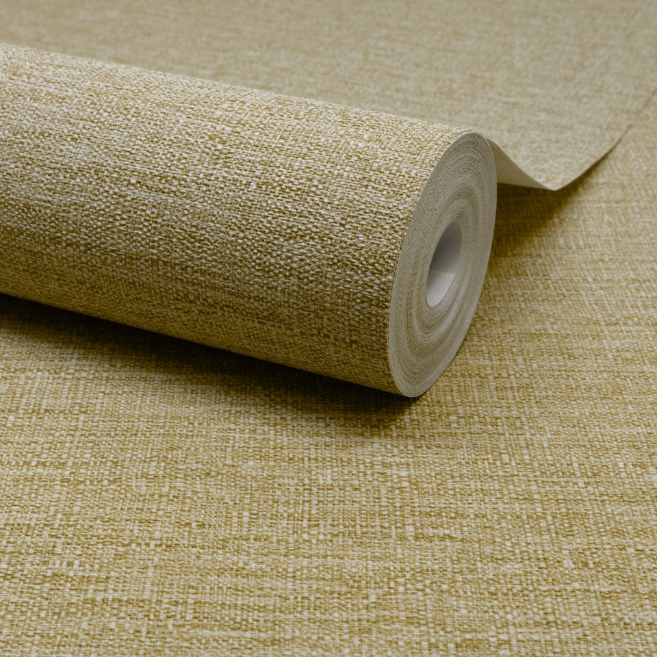 image 1 of Grandeco Telma Slubbed Fabric Hessian Textured Luxury Wallpaper, Golden Straw | Yellow | Straw | 5.32m2