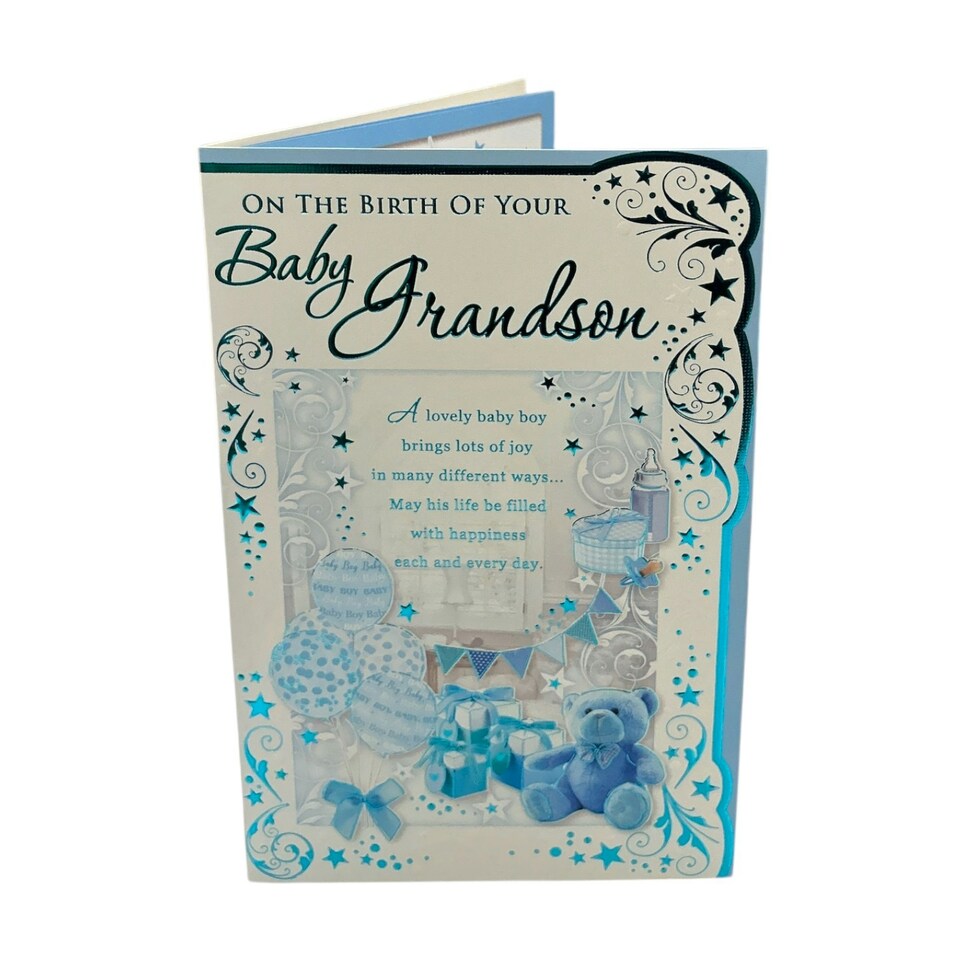 image 1 of On The Birth Of Grandson Blue Balloons And Teddy Design Opacity Congratulations Card