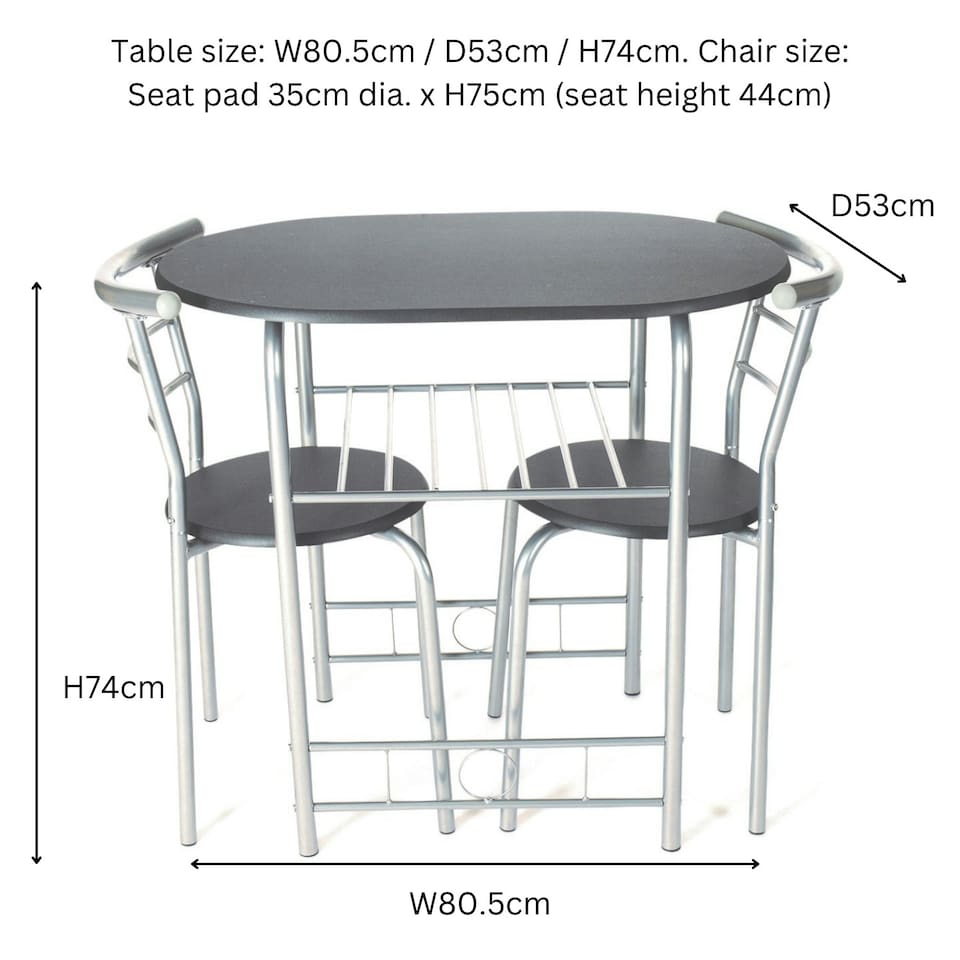 image 1 of Greenhurst 2-Seater Space-Saving Dining Set – Black Table & Silver Frame Chairs for Compact Areas Black | Silver