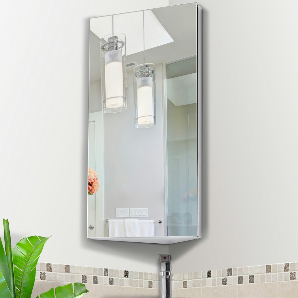 image 1 of HOMCOM Bathroom Corner Wall Mirror Storage Cabinet Cupboard Stainless Steel