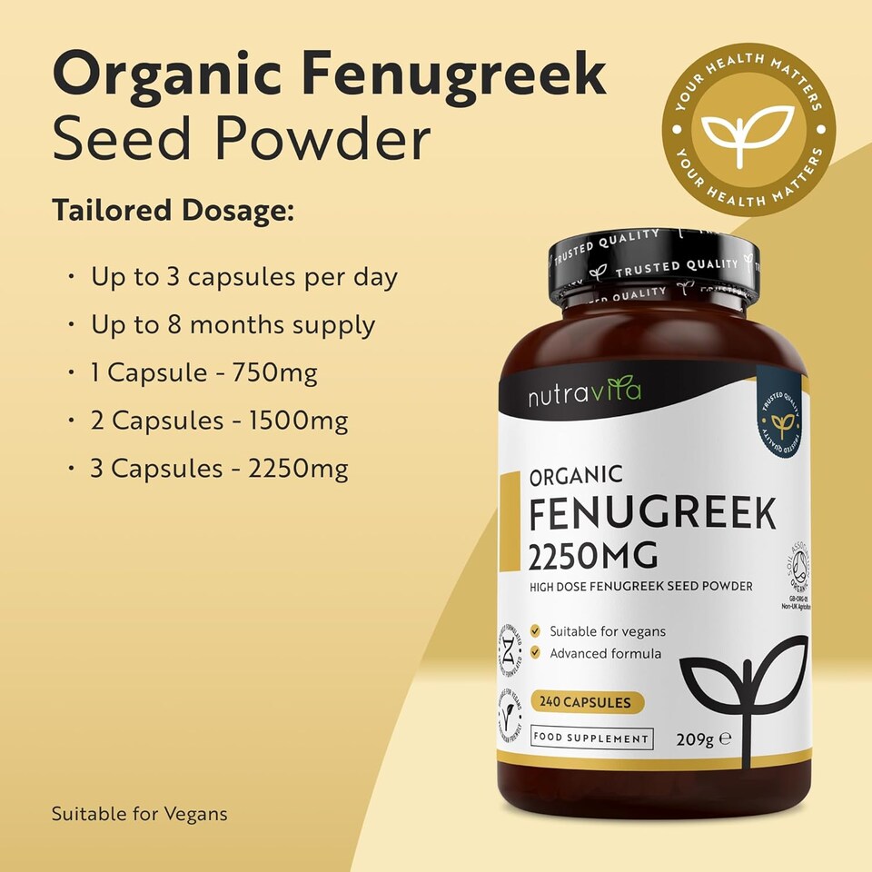 image 1 of Nutravita Organic Fenugreek Capsules - 2250mg Pure Fenugreek Powder - Soil Association Certified, Vegan Supplement - Made in The UK - 240 Capsules