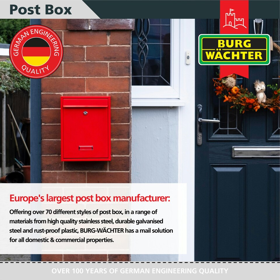 image 1 of Burg-Wachter Trent Wall Mounted Galvanised Steel Lockable Post Box - 26x34x9cm Red