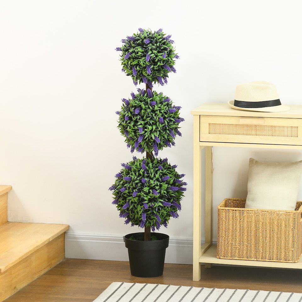 image 1 of HOMCOM Set of 2 Decorative Artificial Plants Ball Trees with Lavender Flowers in Pot Fake Plants for Home Indoor Outdoor Decor, 110cm, Green
