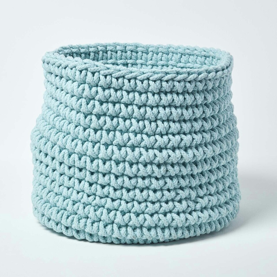 image 1 of Homescapes Pastel Blue Cotton Knitted Round Storage Basket - 42 x 37 cm Blue | L