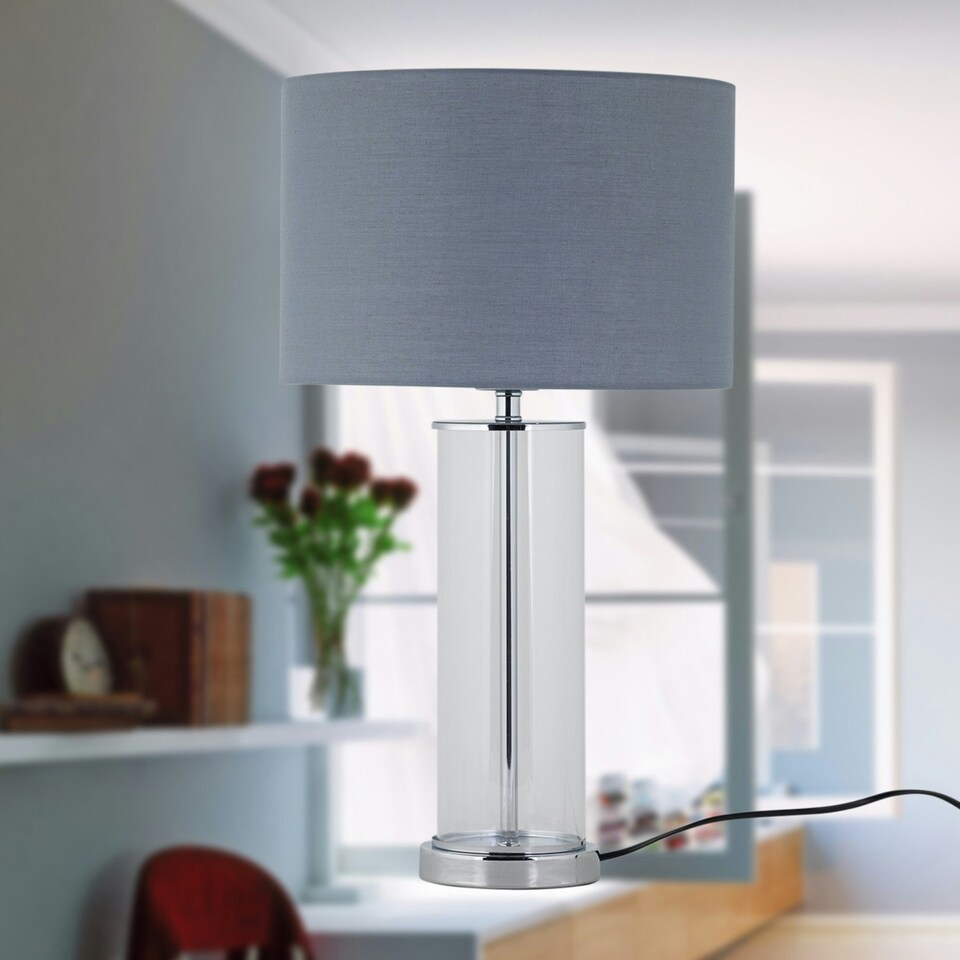 image 1 of Aura - Chrome Table Lamp with Grey Cotton Shade Chrome | Grey