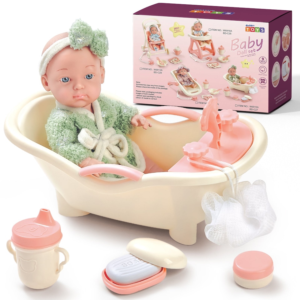 image 1 of Baby Doll Bath Play Set - Doll Bathtub Set with Trolley, and cleaning Accessories