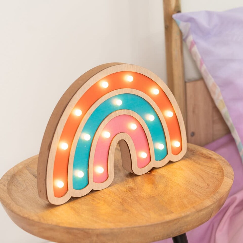 image 1 of ValueLights Kids Battery Powered Wooden Rainbow Wall Table Lamp | Multi