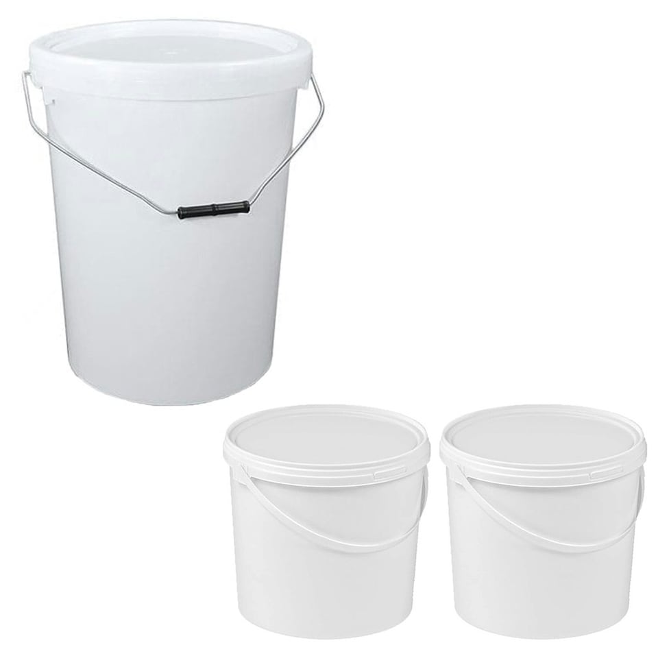 image 1 of 2 x 10 Litre Hard Wearing Strong White Plastic Buckets With Tamper Evident Lids & Handle