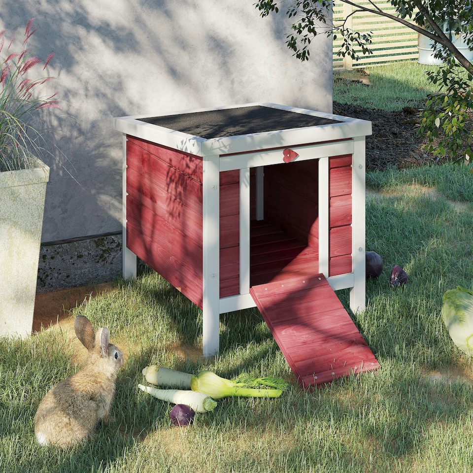 image 1 of PawHut Rabbit Hutch, Bunny Cage Outdoor Wooden House w/ Asphalt Roof, Red