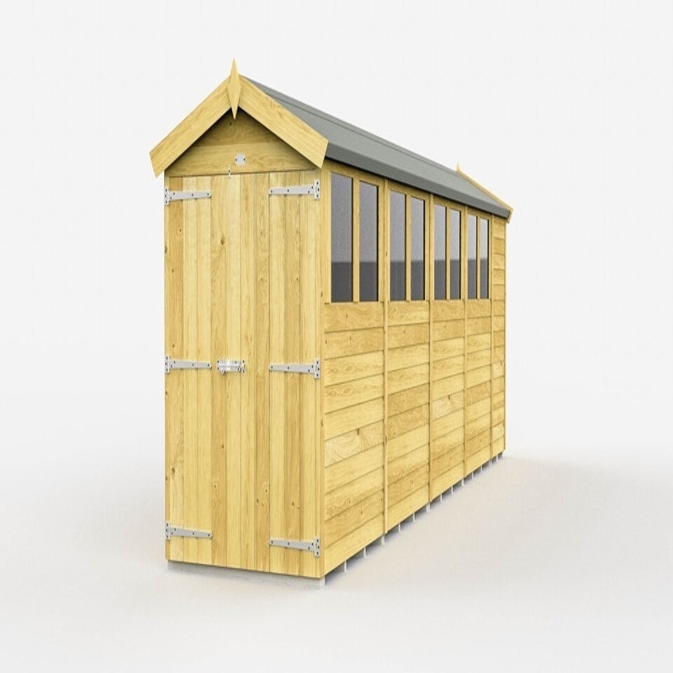 image 1 of 4 x 18 Feet Apex Shed - Double Door With Windows - Wood - L533 x W118 x H217 cm Brown