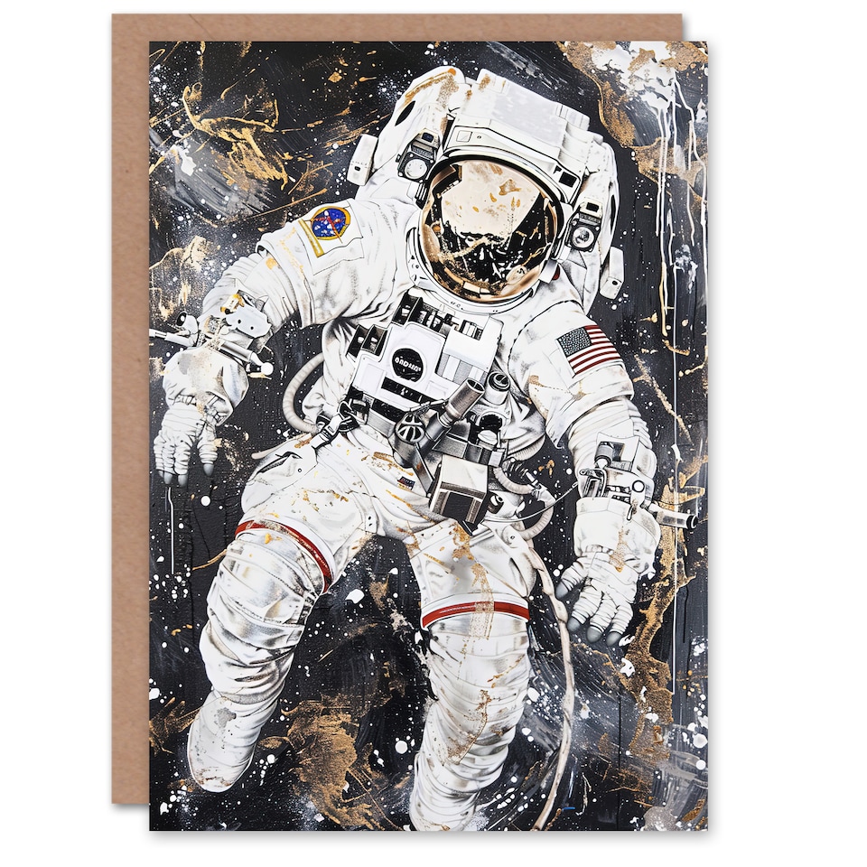 image 1 of Greeting Card Astronaut Space Walk Black Gold Grunge Design Birthday